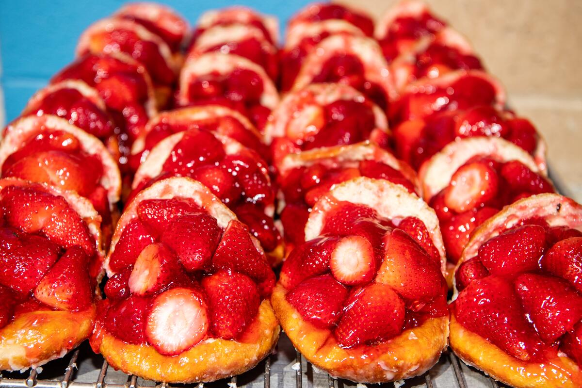 Strawberry doughnuts from the Donut Man