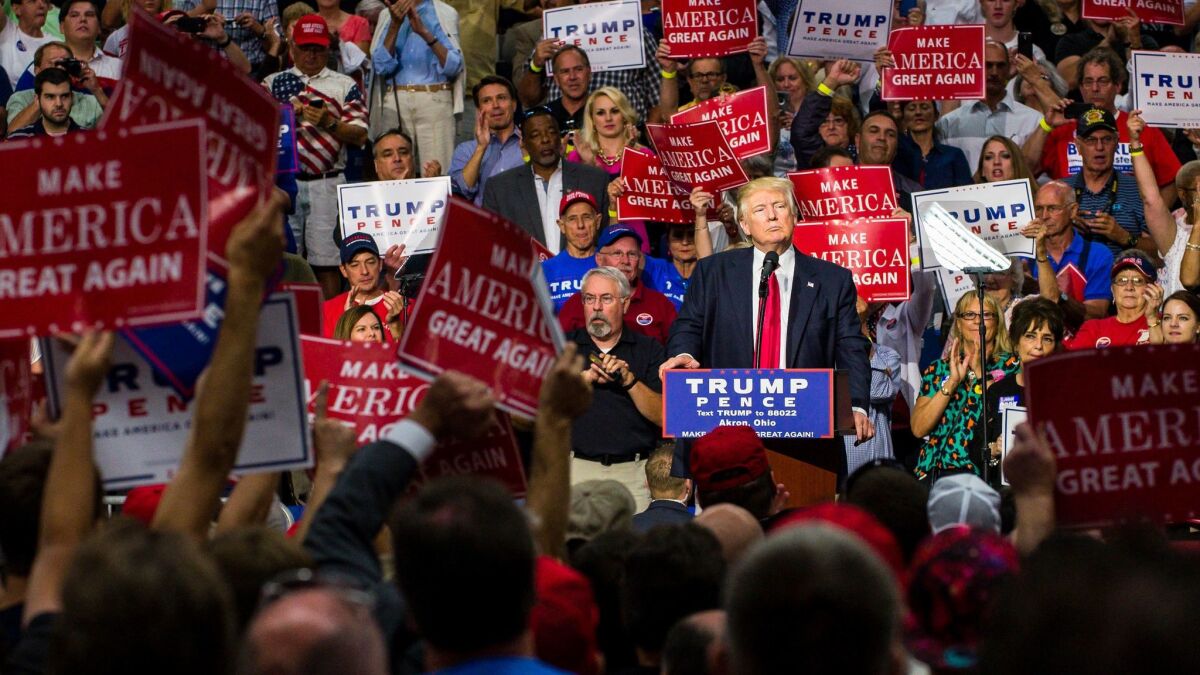 Then-candidate Donald Trump addresses supporters in Akron, Ohio, in August.