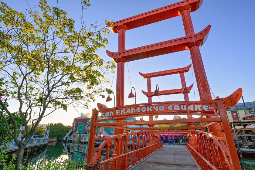 The San Fransokyo Gate Bridge stands at the entrance to San Fransokyo Square at Disney California Adventure Park.