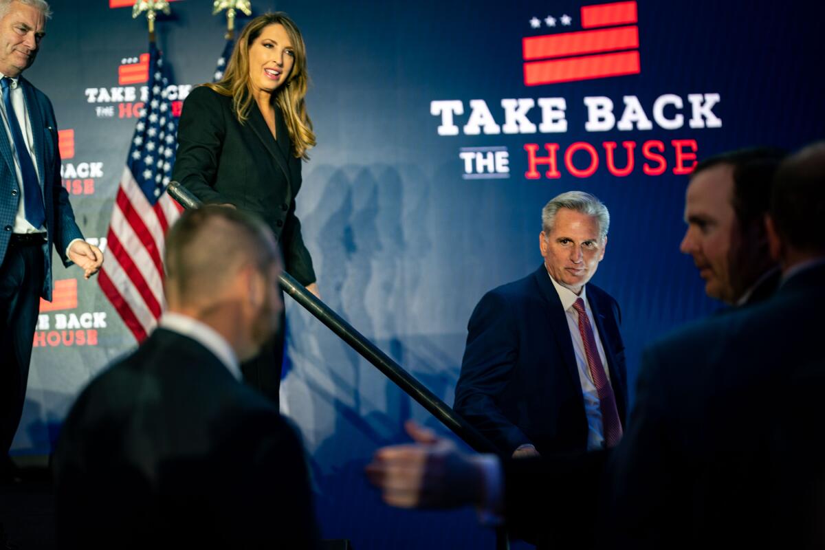 House Minority Leader Kevin McCarthy leaves after addressing supporters during an election night party in Washington 