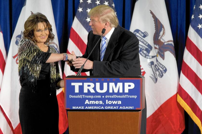 Sarah Palin endorses Republican presidential candidate Donald Trump at a rally in Ames, Iowa.
