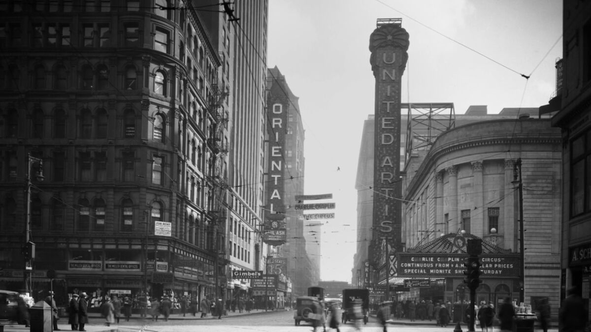 A vintage photograph of Randolph Street in Chicago from the documentary 'Going Attractions: The Definitive Story of the Movie Palace'