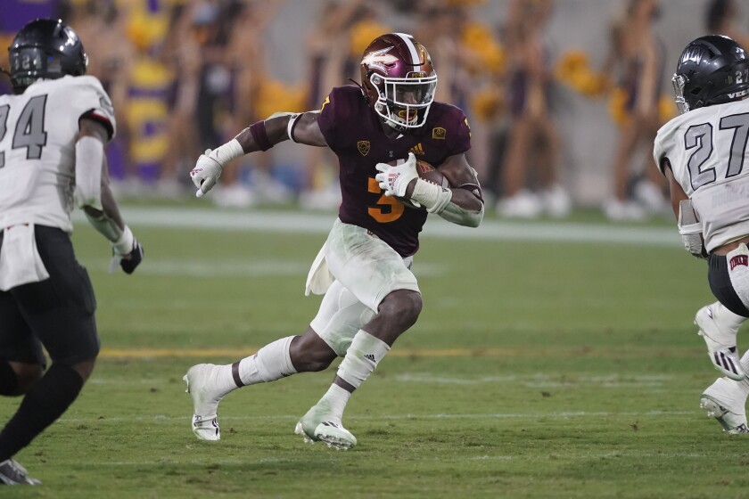 Arizona State running back Rachaad White against UNLV on Sept. 11, 2021, in Tempe, Ariz.