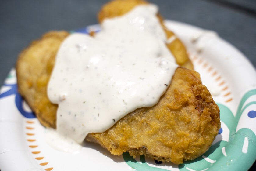 The battered potato with ranch dressing from the Australian battered potatoes booth at the O.C. Fair.