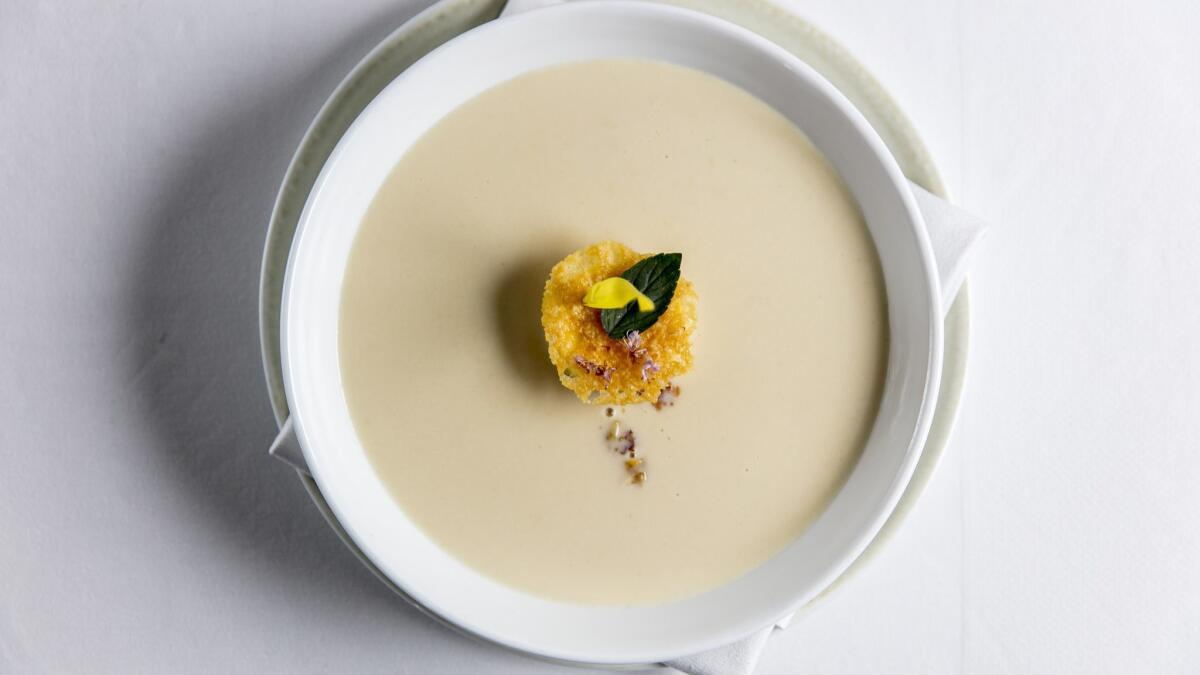 Corn soup at Spago, Wolfgang Puck's flagship restaurant in Beverly Hills.