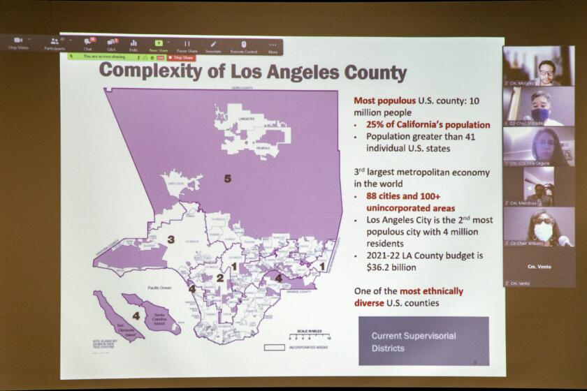 BELLFLOWER, CA - SEPTEMBER 29, 2021: A map of the current Supervisorial Districts are shown during a combination Zoom/ in-person L.A. County redistricting meeting at Clifton M. Brakensiek Library on September 29, 2021 in Bellflower, California. Because of COVID-19 restrictions, only 17 people were allowed in the room. (Gina Ferazzi / Los Angeles Times)