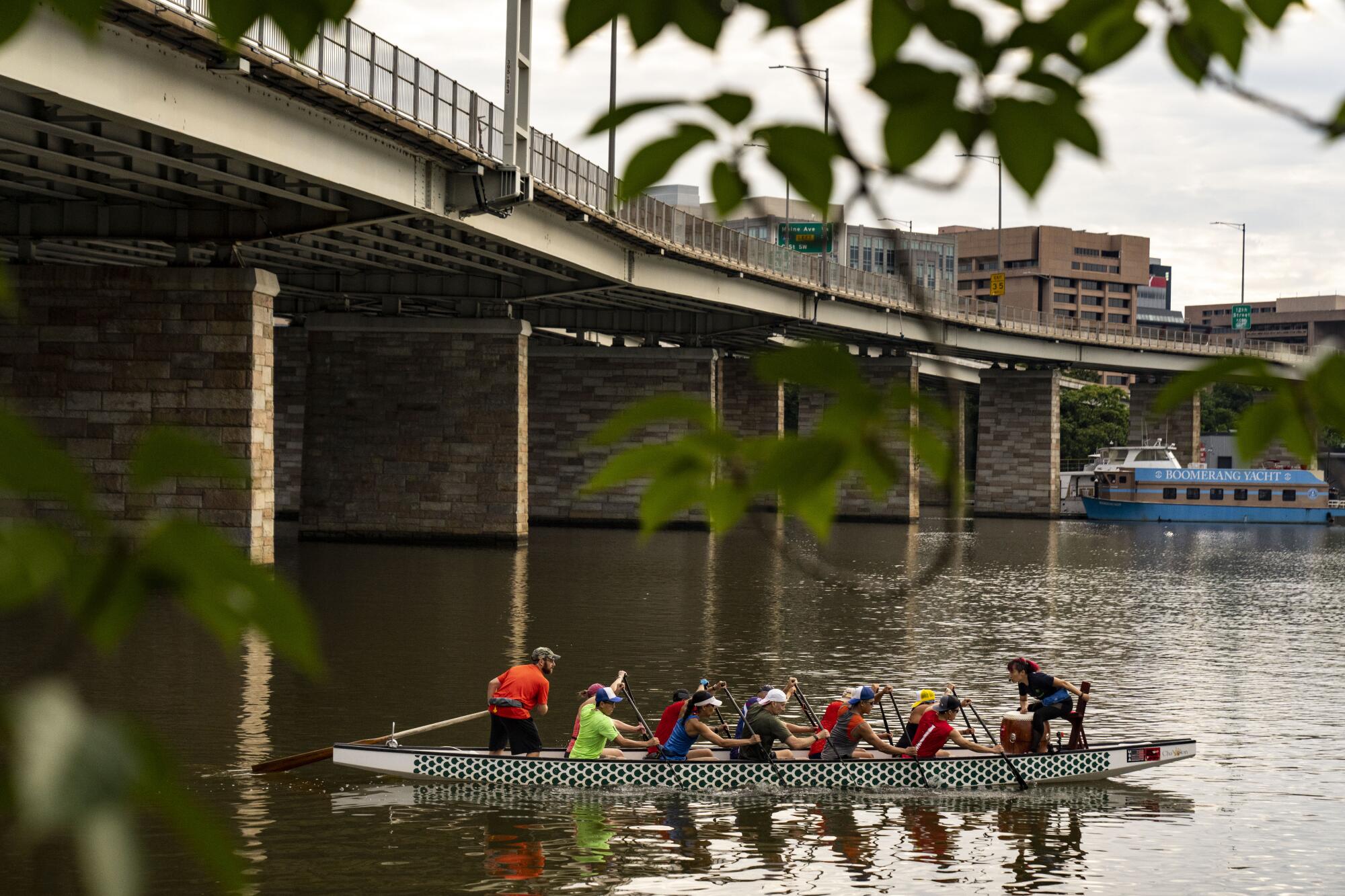 The DC Dragon Boat Club practices in the Washington Channel.