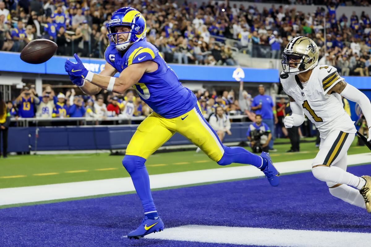 Rams wide receiver Cooper Kupp can't haul a pass in the end zone against the New Orleans Saints on Dec. 21.