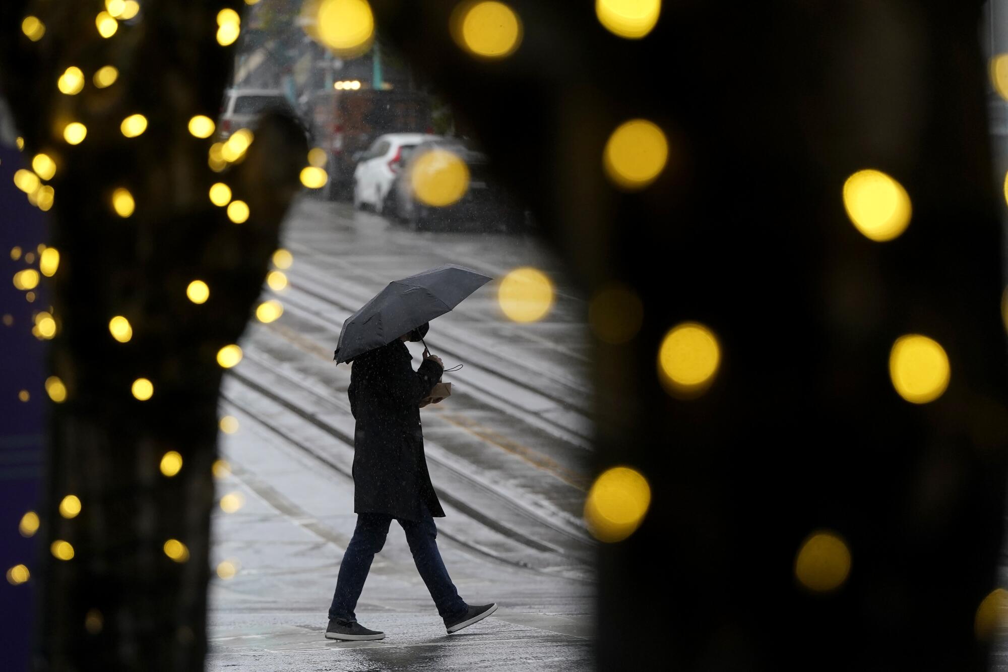 Holiday lights and rain in San Francisco.