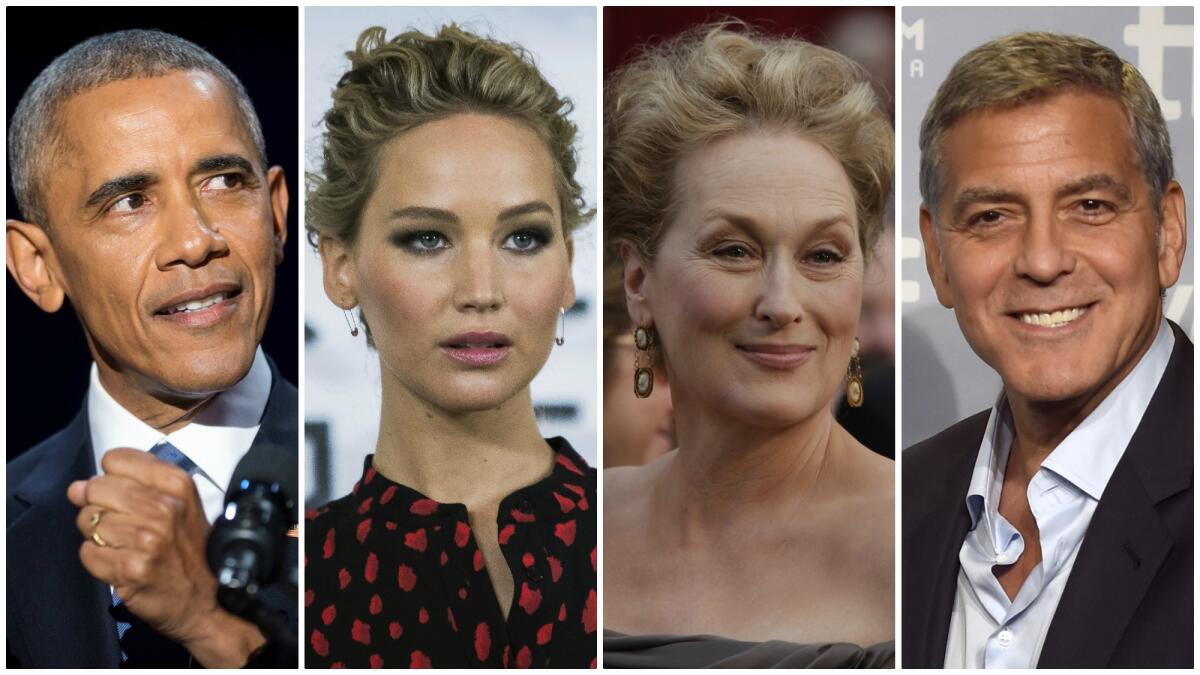 Barack Obama, left, Jennifer Lawrence, Meryl Streep and George Clooney have all issued statements about Harvey Weinstein's alleged misconduct.