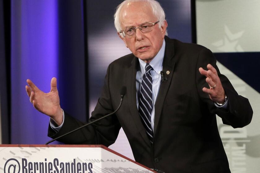 FILE - In this Nov. 14, 2015, file photo, Bernie Sanders makes a point during a Democratic presidential primary debate in Des Moines, Iowa. The Democratic presidential candidates are meeting for their third debate on Dec. 19, with tensions suddenly boiling between Hillary Clinton and her chief rival, Sanders. (AP Photo/Charlie Neibergall, File)