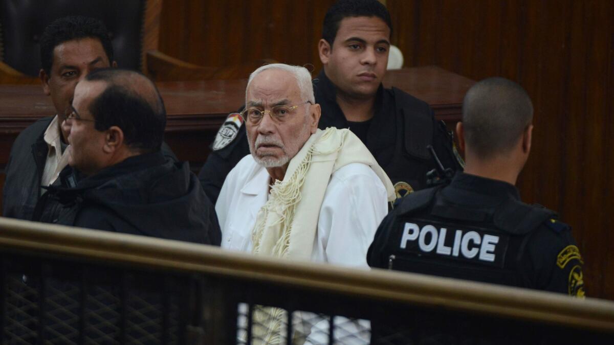 Egypt's former Muslim Brotherhood supreme guide Mohammed Mahdi Akef looks on during his trial in 2015 in Cairo.