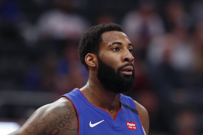 Andre Drummond catches his breath during a game with the Pistons.