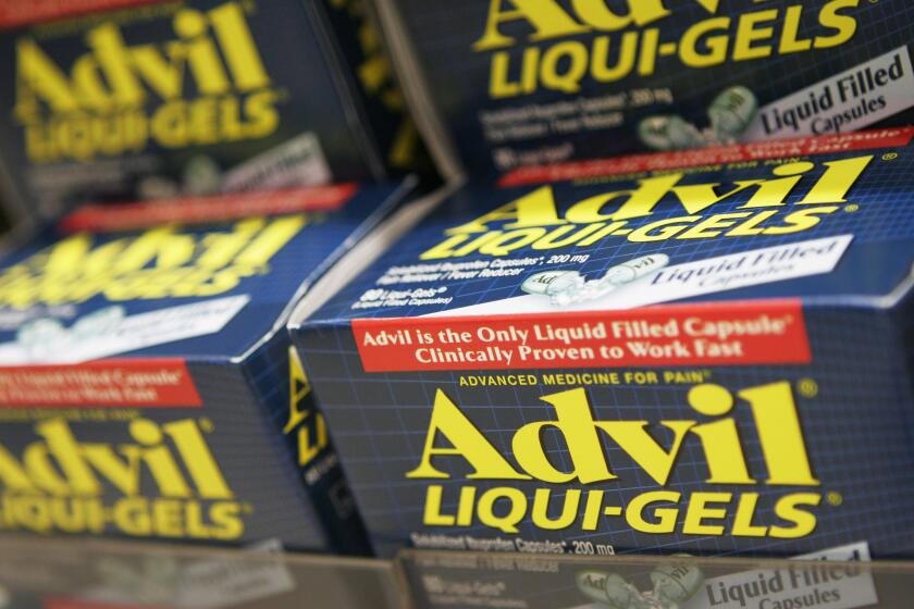 FILE - This Oct. 5, 2006 file photo shows boxes of Advil Liqui-gels on a store shelf in New York. The Food and Drug Administration on Thursday, July 9, 2015 announced it is bolstering warning labels on popular pain relievers like Advil and Aleve, adding new information about their risks of heart attack and stroke. (AP Photo/Mark Lennihan, File)