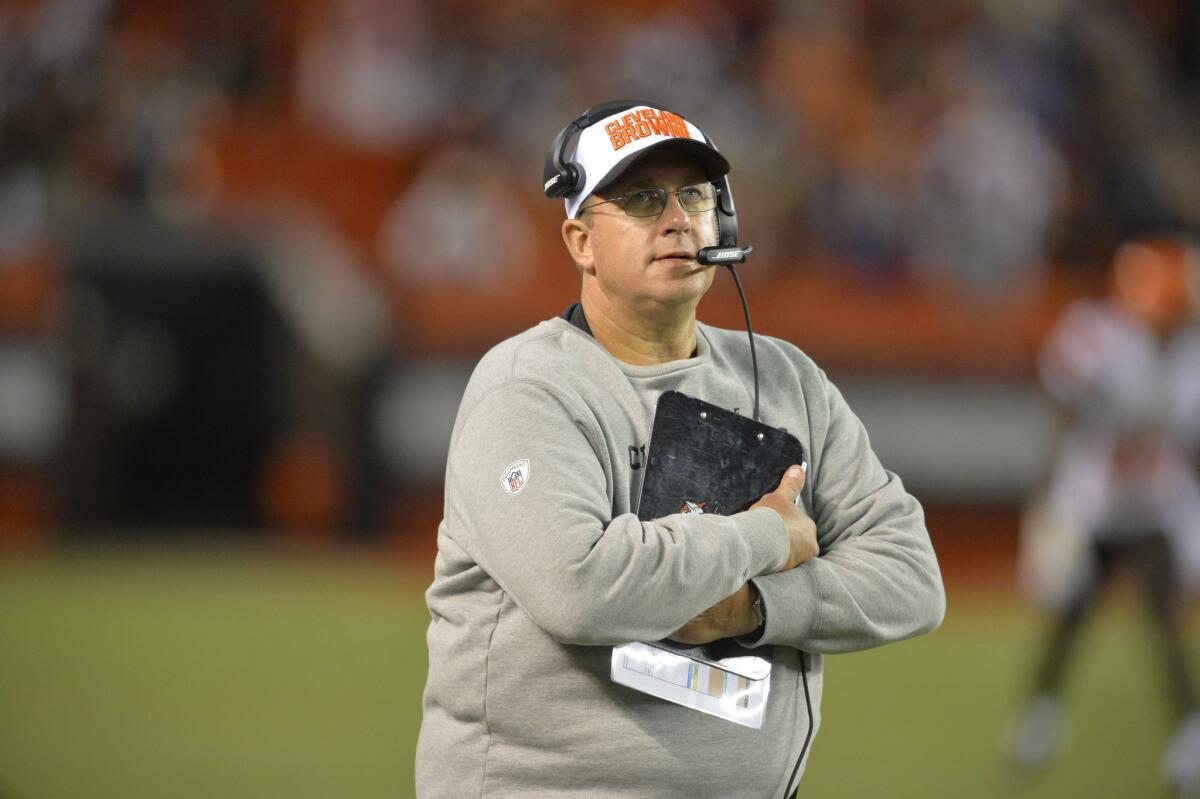Browns offensive line coach Andy Moeller stands on the sideline during a preseason game against the Bills.