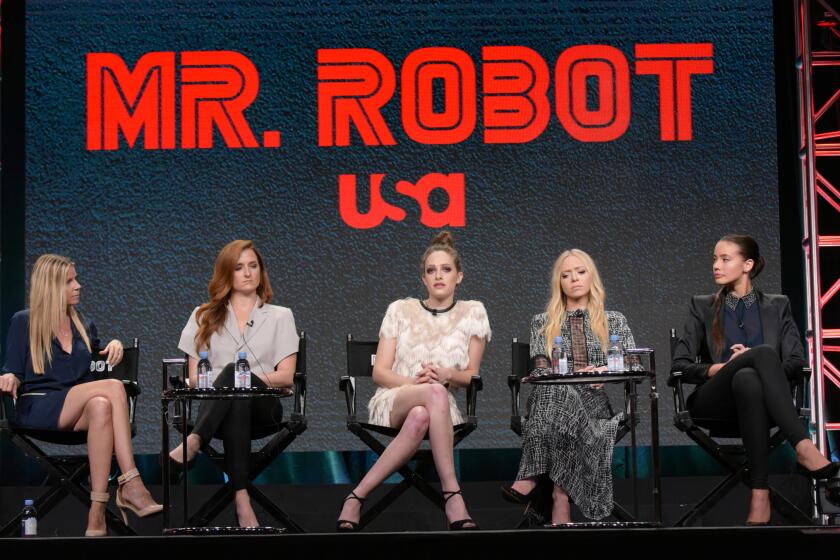 Dawn Olmstead, vice president of development, Universal Cable Productions and Wilshire Studios, from left, Grace Gummer, Carly Chaikin, Portia Doubleday and Stephanie Corneliussen during USA network's "Mr. Robot" panel at the Television Critics Assn. press tour.