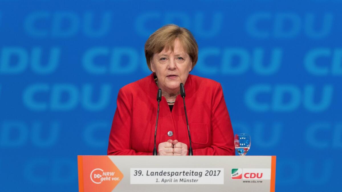 German chancellor and head of the German Christian Democrats, CDU, Angela Merkel, speaks in North Rhine-Westphalia, in Muenster, Germany on April 1.