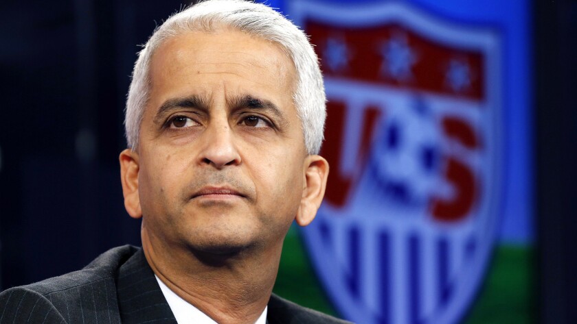 Sunil Gulati, president of the United States Soccer Federation, listens to a question during a news conference in Bristol, Conn., on Oct. 10 2014.