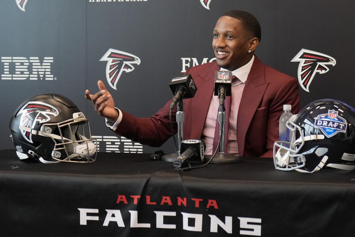 Atlanta Falcons first-round pick Michael Penix Jr. speaks during a news conference Friday.