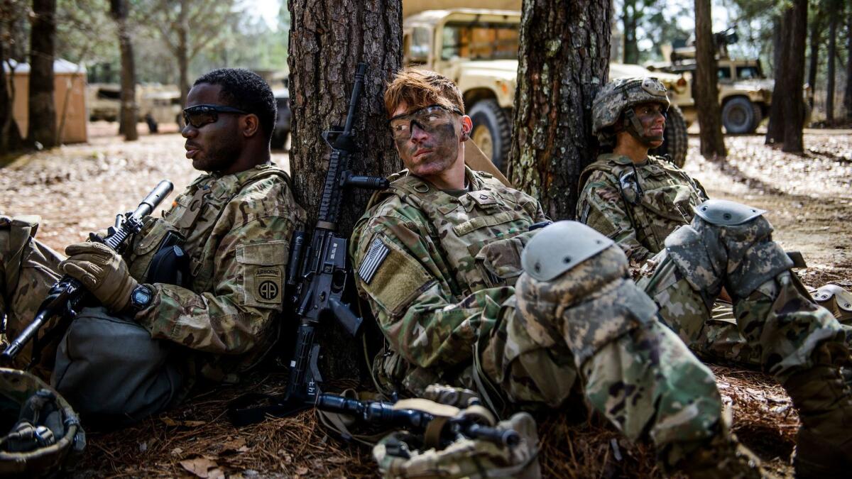 Soldiers rest between trainings in Fort Bragg, N.C. on March 22.