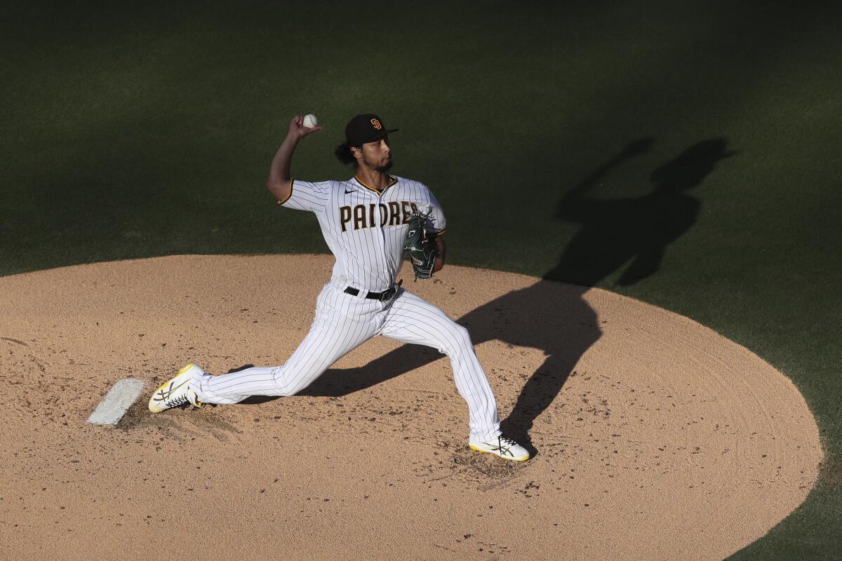 San Diego Padres starting pitcher Yu Darvish winds up during a game against the Arizona Diamondbacks.