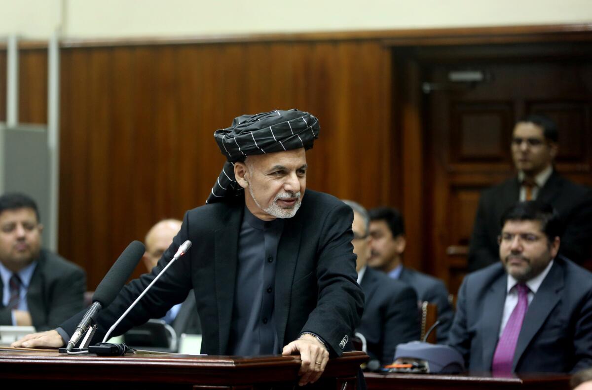 Afghan President Ashraf Ghani speaks before the parliament in Kabul on Jan. 20.