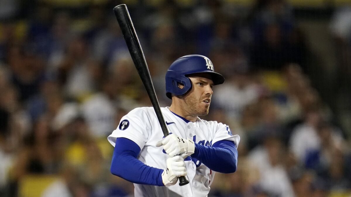 The Dodgers' Freddie Freeman bats during a game Sept. 3, 2022, against the San Diego Padres.