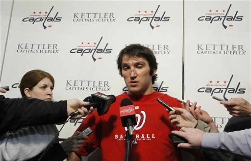 Washington Capitals' Alex Ovechkin, of Russia, talks to the media during a news conference at the Kettler Capitals Iceplex in Arlington, Va., Thursday, May 5, 2011. The Capitals we swept out of the playoffs by the Tampa Bay Lightning, losing Game 4 at Tampa on Wednesday night.(AP Photo/Luis M. Alvarez)