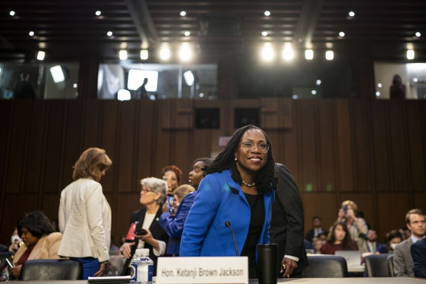 WASHINGTON, CA - MARCH 23: Supreme Court nominee Judge Ketanji Brown Jackson returns to her Senate Judiciary Committee confirmation hearing from a short recess on Capitol Hill on March 23, 2022 in Washington, DC. Judge Jackson was picked by President Biden to be the first Black woman in United States history to serve on the nation's highest court to succeed Supreme Court Associate Justice Stephen Breyer who is retiring. (Kent Nishimura / Los Angeles Times)