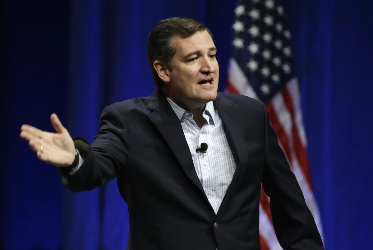 In this Nov. 13, 2015, photo, Republican presidential candidate, Sen. Ted Cruz, R-Texas, addresses the Sunshine Summit in Orlando, Fla. Out on the presidential campaign trail, Sens. Marco Rubio and Cruz are rising in the polls. Back in the Senate, their ambitions can sometimes cause a nuisance for fellow lawmakers, including vulnerable Republicans up for re-election next year. (AP Photo/John Raoux)