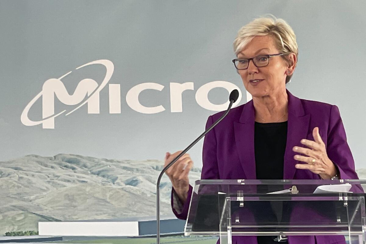 Energy Secretary Jennifer Granholm speaks at a groundbreaking ceremony for Micron's planned $15 billion semiconductor plant in Boise, Idaho, Monday, Sept. 12, 2022, and said that America needs to start making thinks with American parts and American labor. Granholm took part Monday in the groundbreaking for what by the end of the decade is expected to be the largest chipmaking cleanroom in the United States, covering 10 football fields and creating 17,000 American jobs. (AP Photo/Keith Ridler)