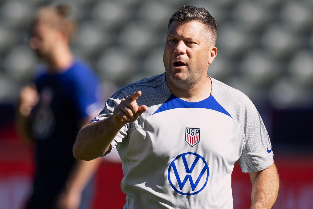 B.J. Callaghan points while walking forward during a U.S. Soccer training session in Carson.