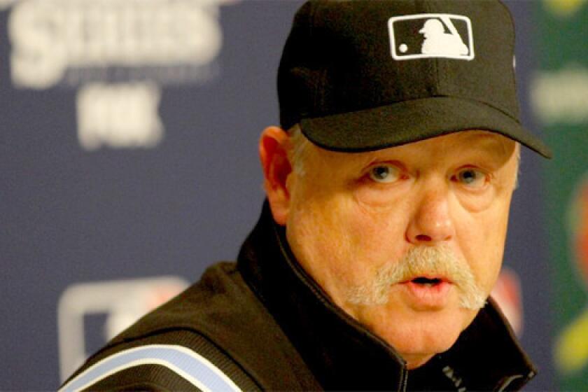 Umpire Jim Joyce participates in a news conference regarding the obstruction call against Will Middlebrooks of the Boston Red Sox during Game 3 of the World Series that lead to the game-winning run for the St. Louis Cardinals. Boston defeated St. Louis, 4-2- in the series to claim its third title in the past 10 years.