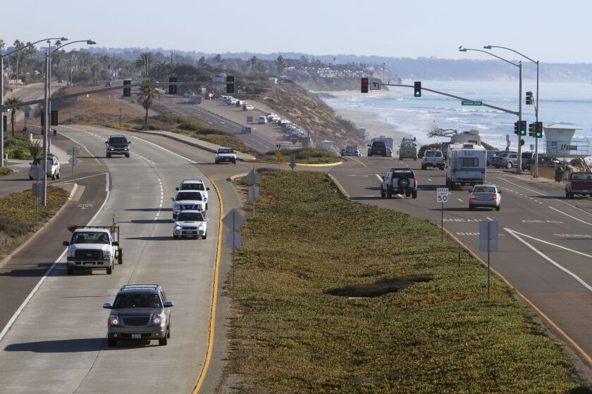 Carlsbad Boulevard, or Highway 101, as viewed from the south side of the Palomar Airport Road bridge in Carlsbad on Friday. Hayne Palmour IV • U-T