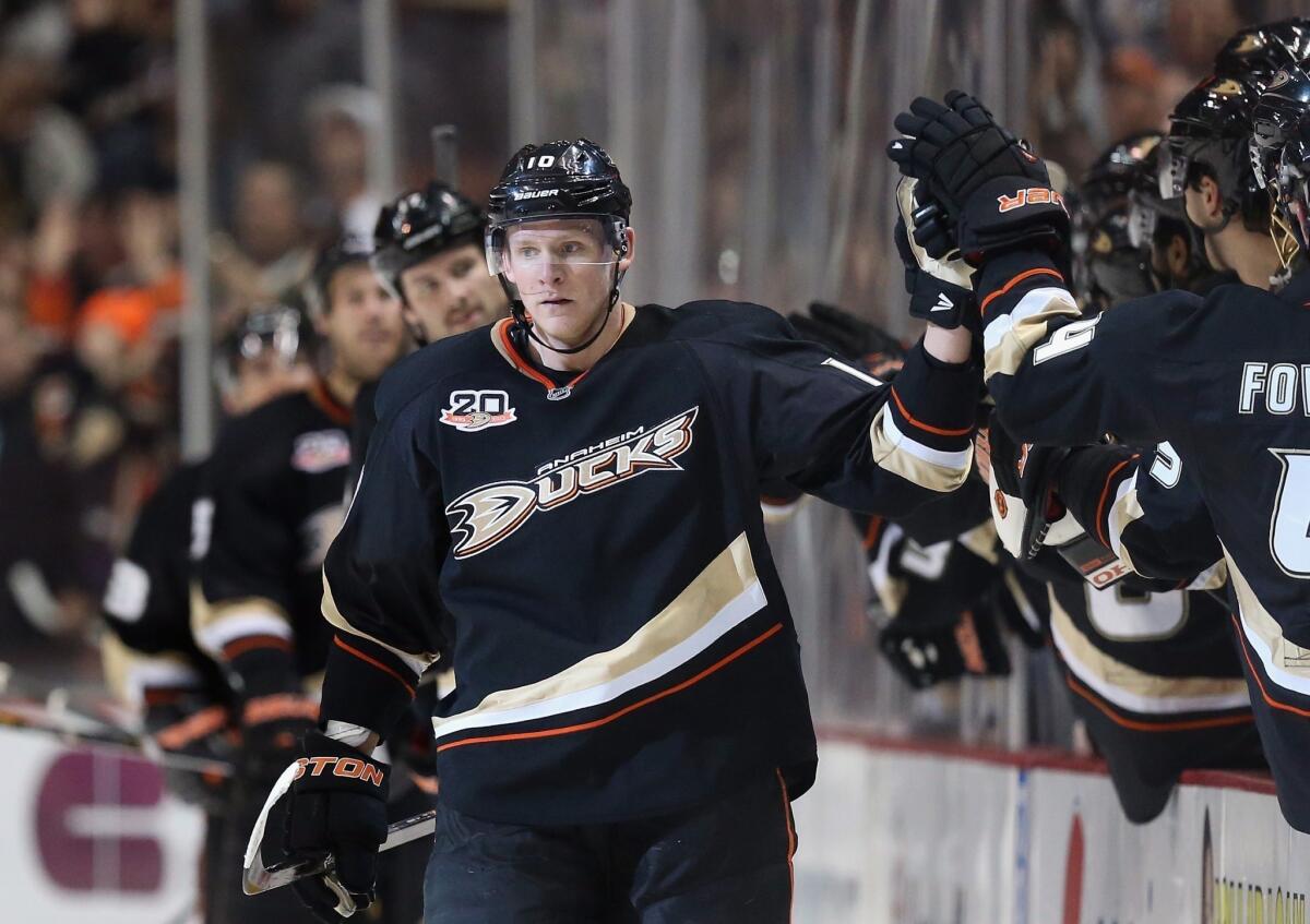 Ducks forward Corey Perry celebrates after scoring a goal against the Phoenix Coyotes on Wednesday.