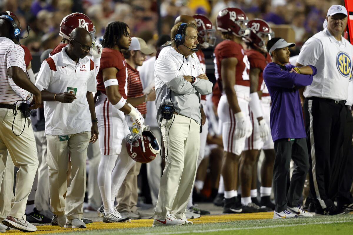 Alabama coach Nick Saban reacts to a play during the Tide's loss to LSU 