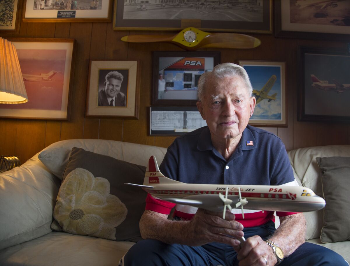 Leo Leonard, a co-founder of PSA, Pacific Southwest Airlines at his Del Cerro home, in June 2019. 
