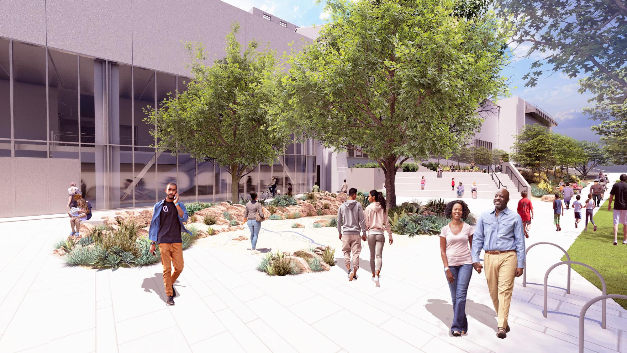 A rendering shows people walking through a landscaped plaza before a building with glass walls.
