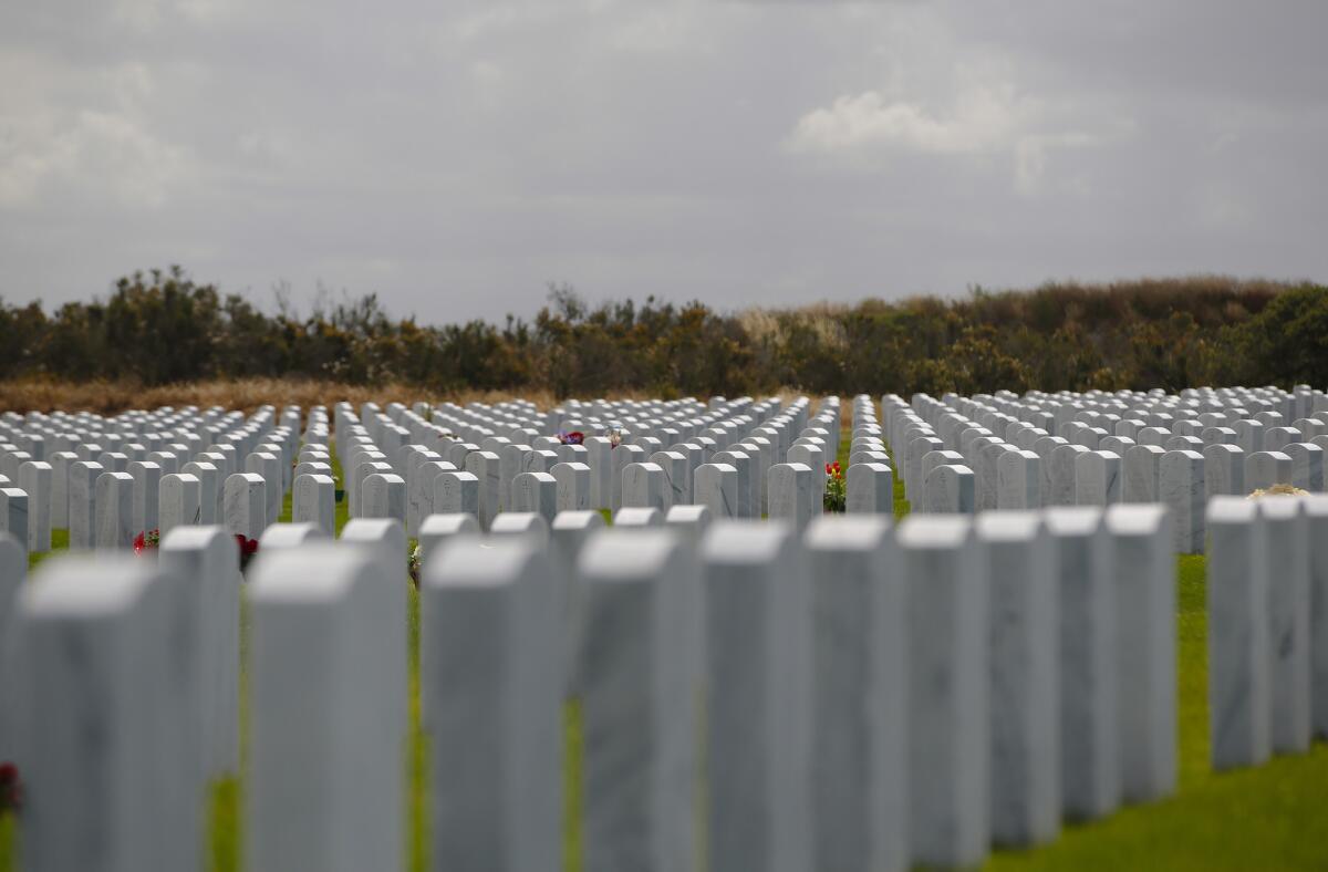 Headstones line the gravesite of veterans buried at Miramar National Cemetery.