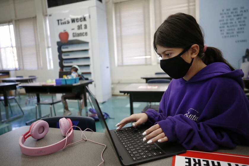 A student works online from a class at West Hollywood Elementary.