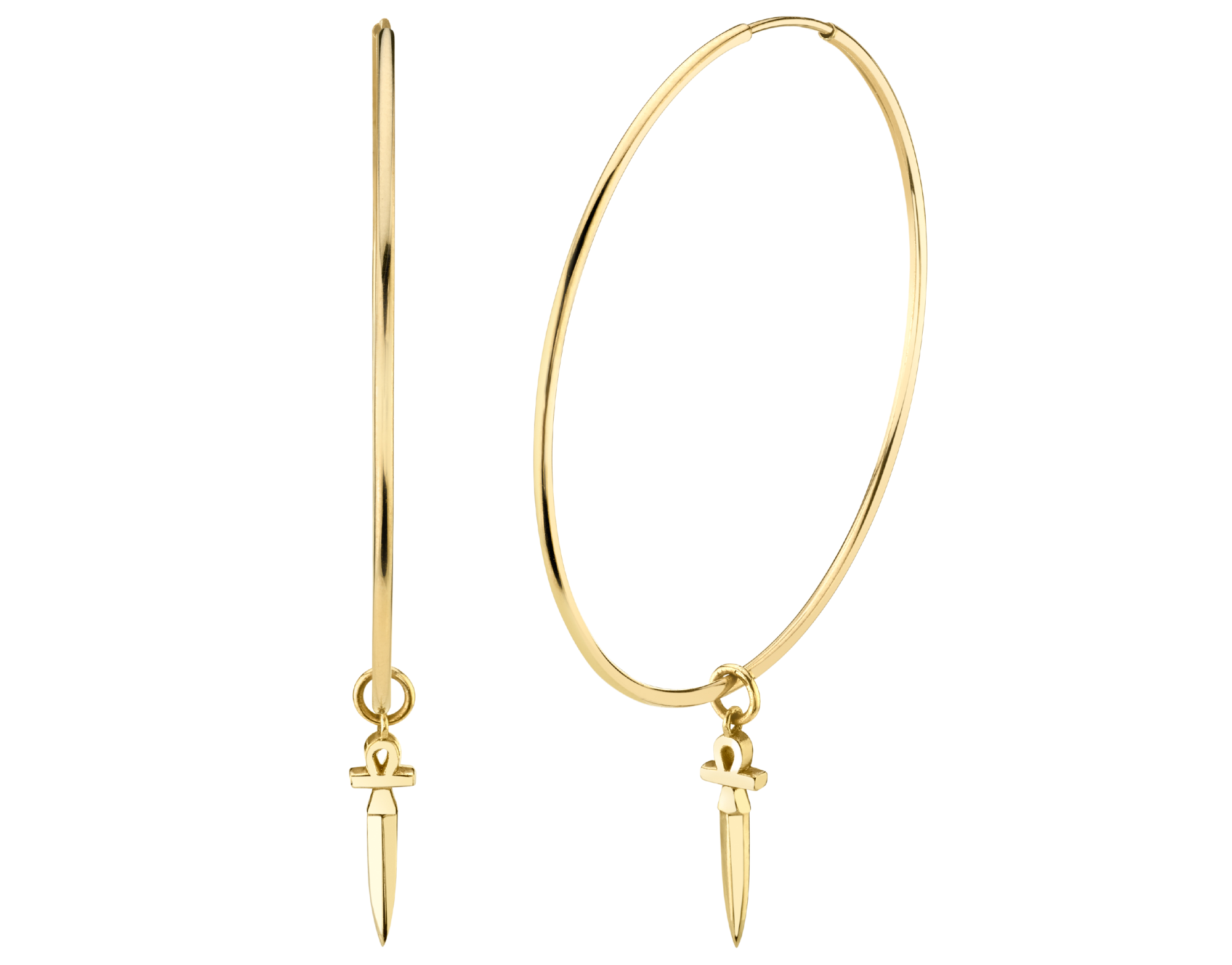 Carter Eve gold hoop earrings feature an ankh dagger charm