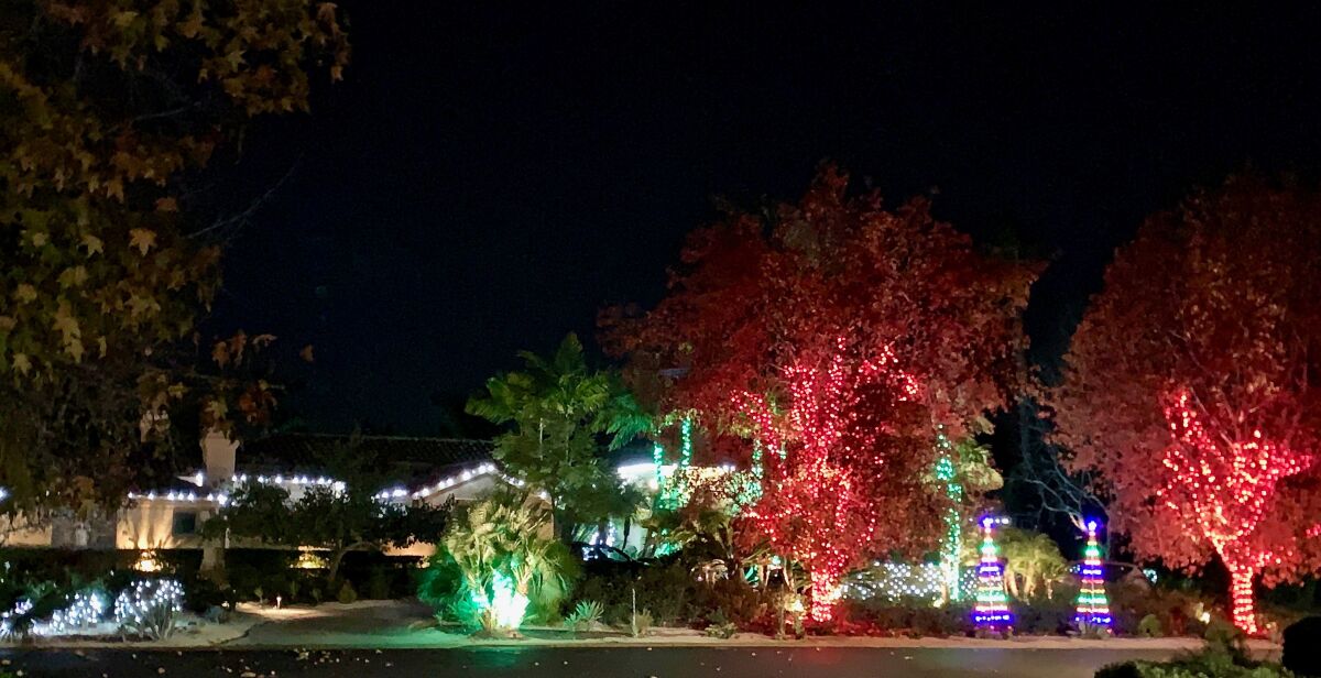 In photo above and photos below: Holiday lights at Fairbanks Ranch Estates