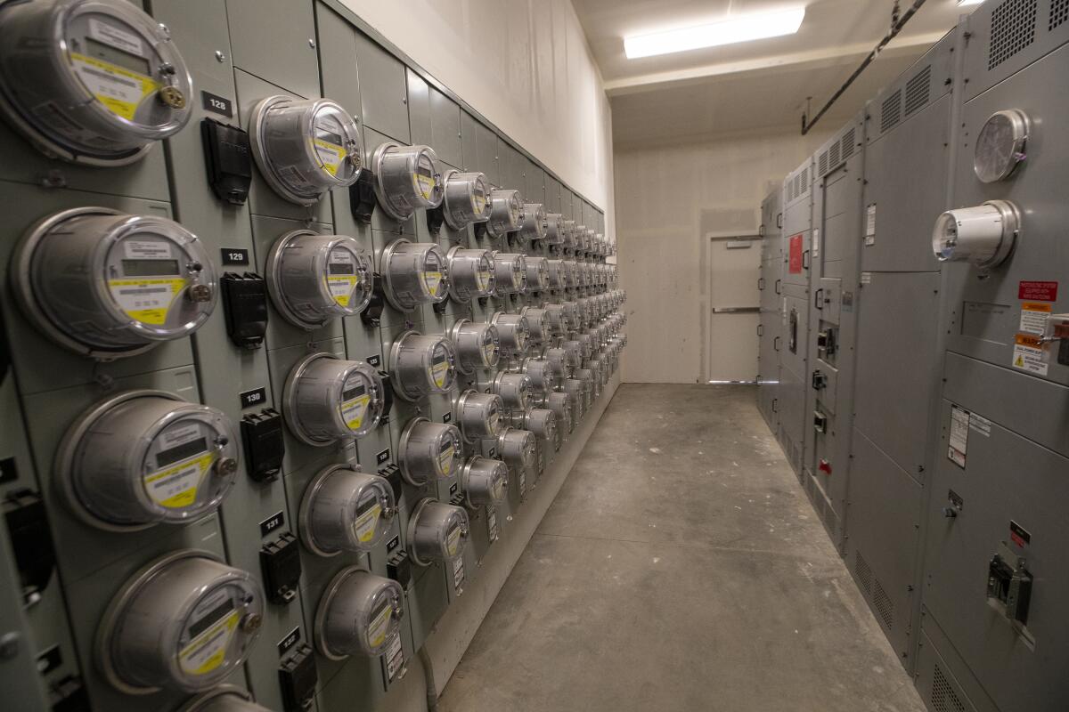 A wall of electric meters 