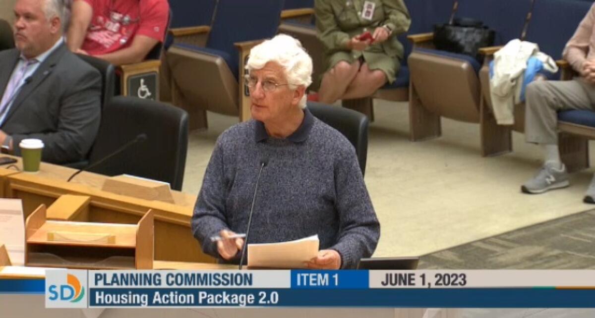 David Goldberg urges the San Diego Planning Commission to support keeping stricter protections for historical properties.