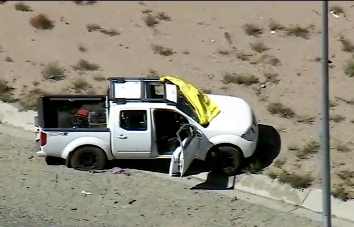 Anthony Graziano’s pickup truck sits on the side of the 15 Freeway in Hesperia.