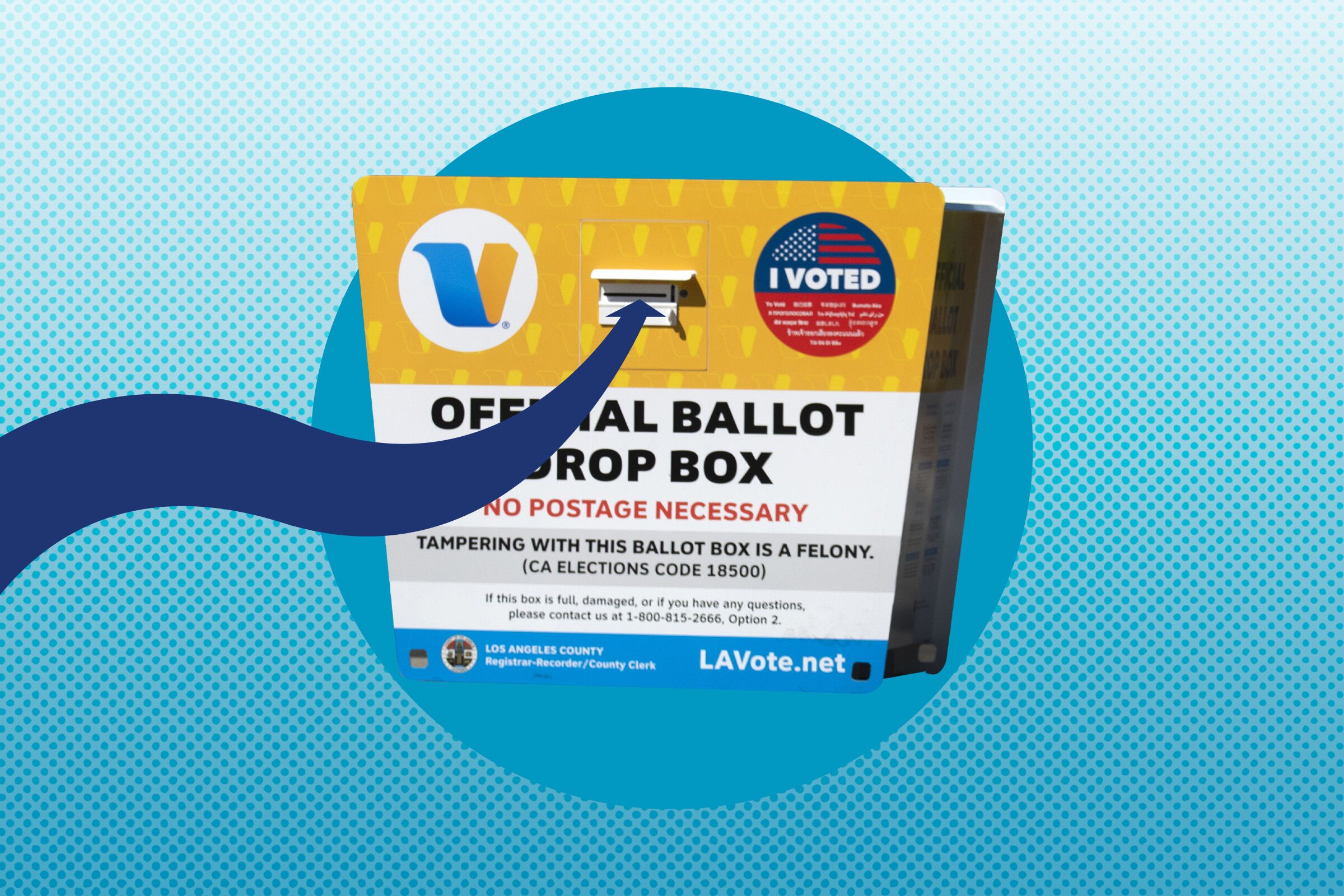 photo illustration of an arrow flowing into a ballot drop box