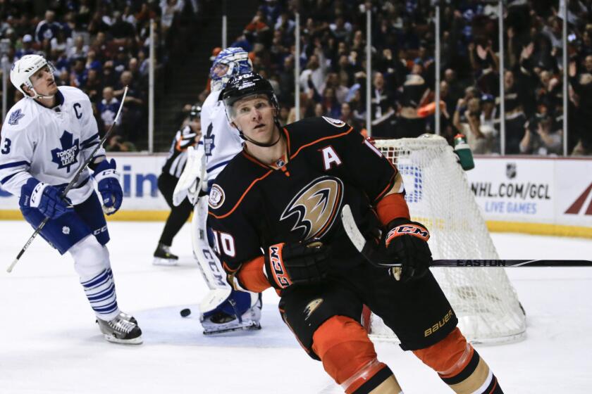 Corey Perry celebrates after scoring a goal against the Maple Leafs in the second period of the Ducks' 4-0 win over Toronto at Honda Center.