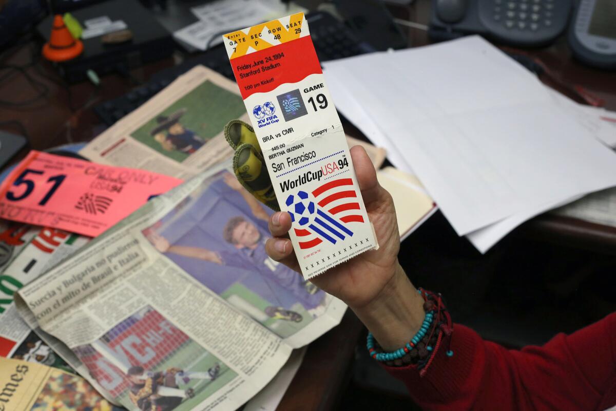Bertha Alicia Guzman, of Torrance, shows at ticket from World Cup USA 94 part her World Cup.