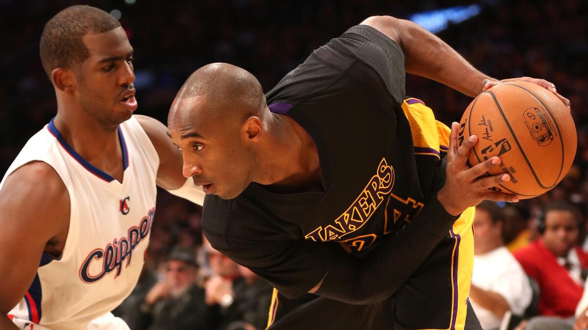 Lakers guard Kobe Bryant, right, controls the ball in front of Clippers guard Chris Paul during the Lakers' 118-111 loss Friday.