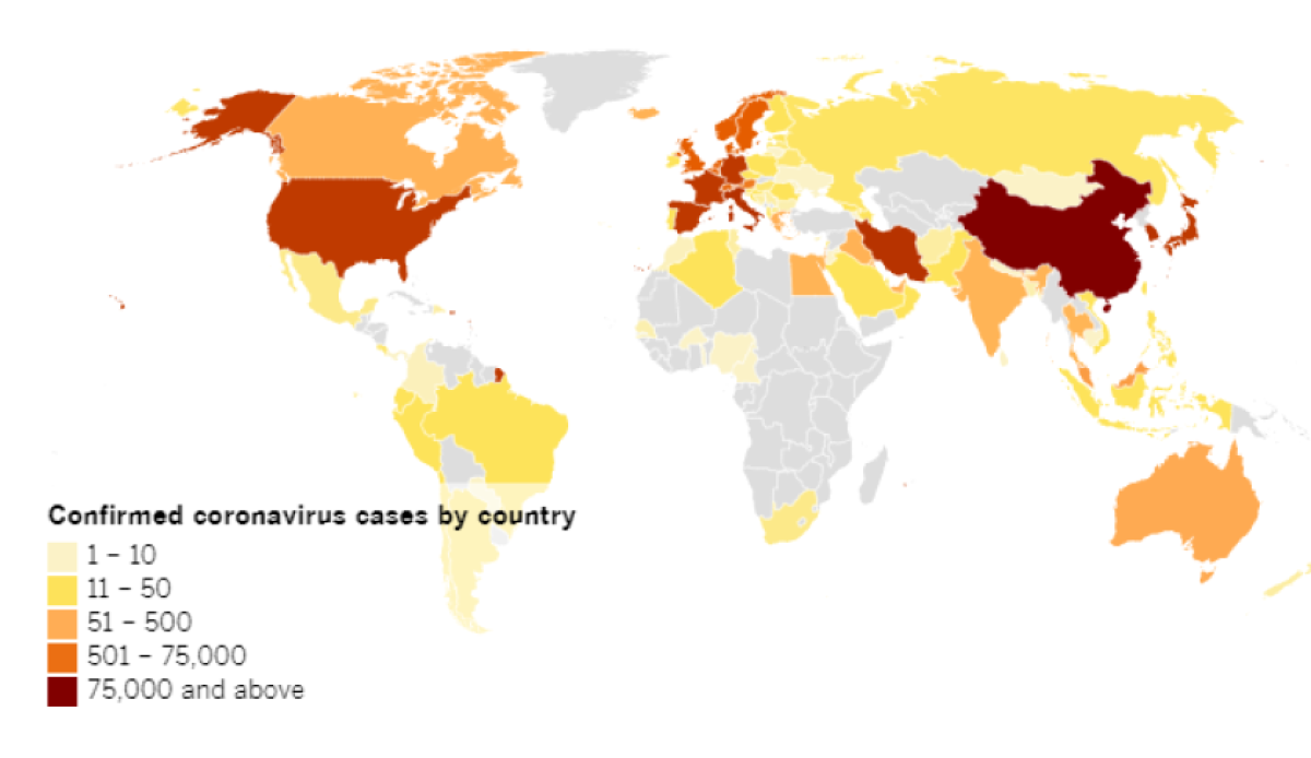 Confirmed COVID-19 cases by country as of 5:00 p.m. Wednesday, March 10, 2020. Click to see the interactive map.